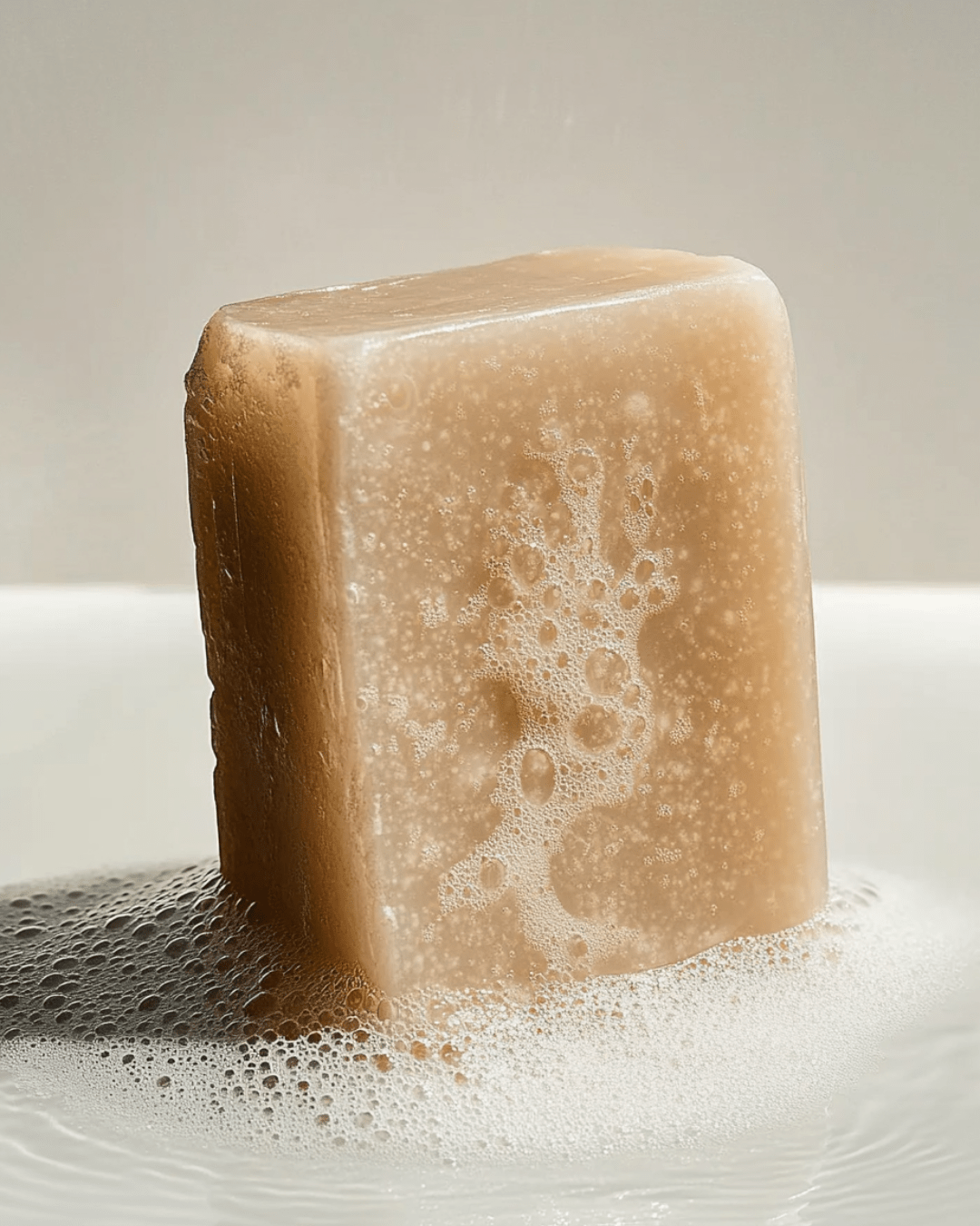 Close-up of a wet artisan soap bar with bubbles showcasing essential oils in artisan soap benefits
