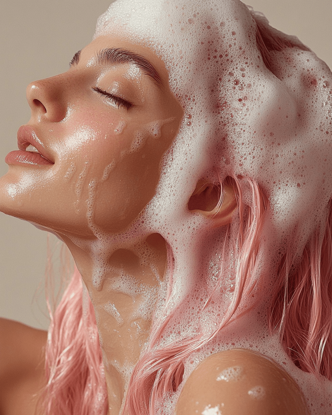 Woman with pink hair covered in soap foam showcasing the gentle cleanse of our natural ingredients