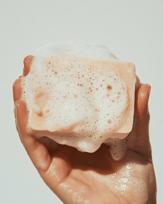 Hand holding a foamy natural shampoo bar made with diy natural coconut shampoo bar recipe