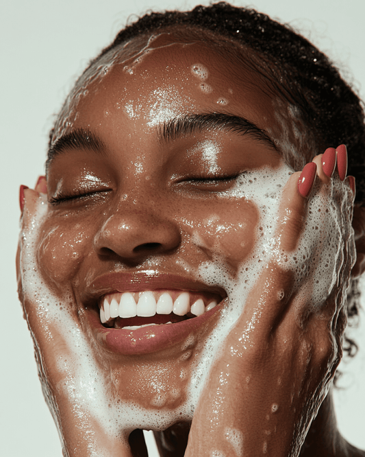Happy woman washing face with foam showcasing skincare gift sets to shop holiday gift sets in dfw
