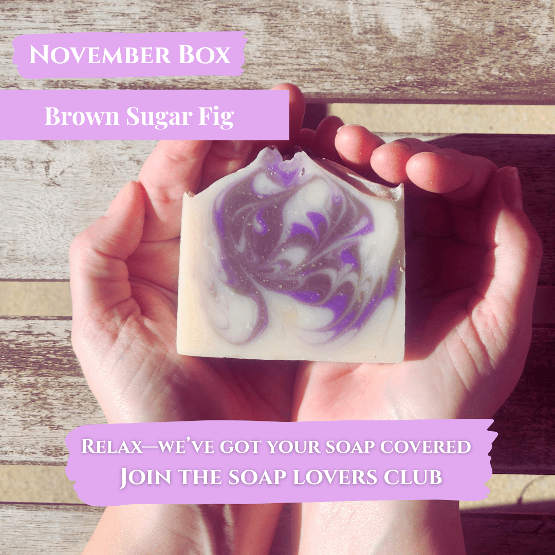 November soap subscription box featuring Brown Sugar Fig soap, perfect for sensitive skin and self-care.
