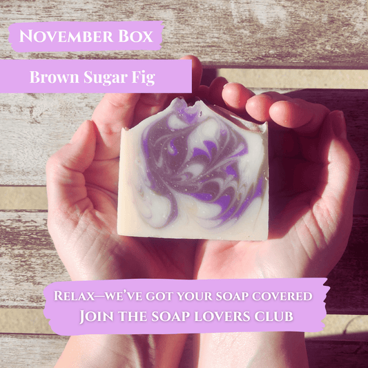 November soap subscription box featuring Brown Sugar Fig soap, perfect for sensitive skin and self-care.