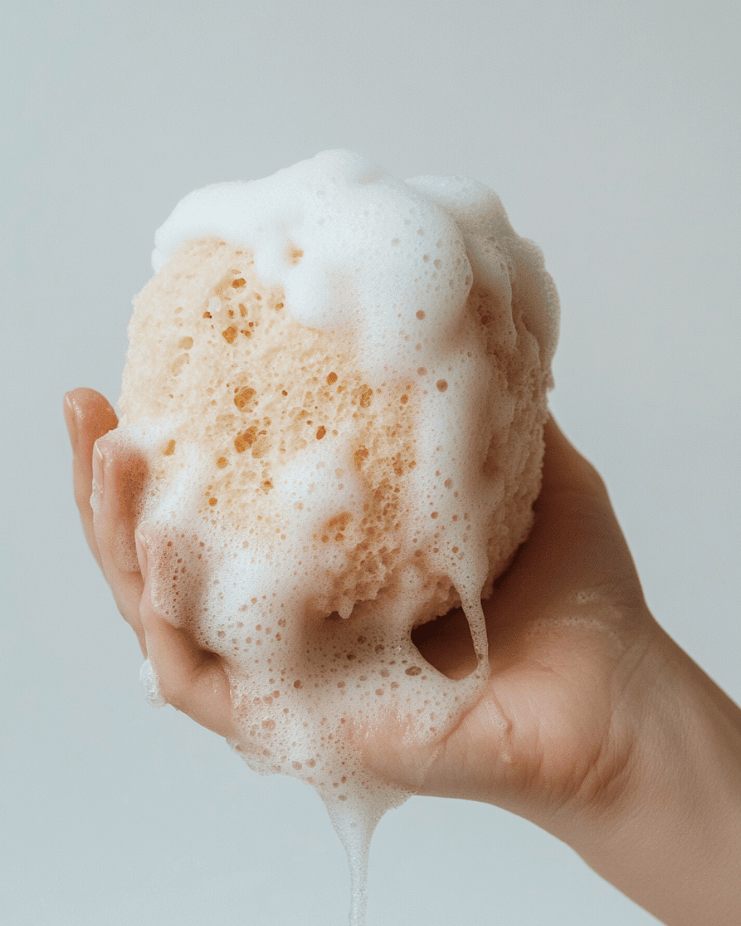 Hand holding a foamy natural sponge demonstrating how long handmade soap last with rich lather