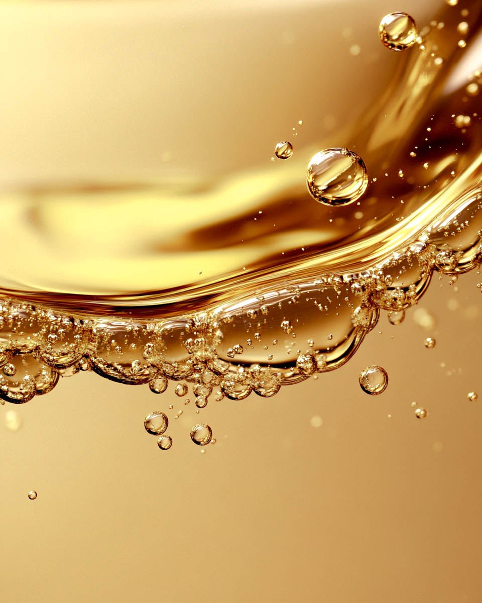 Close-up of golden oil droplets suspended in liquid representing supperfatting in artisan soap