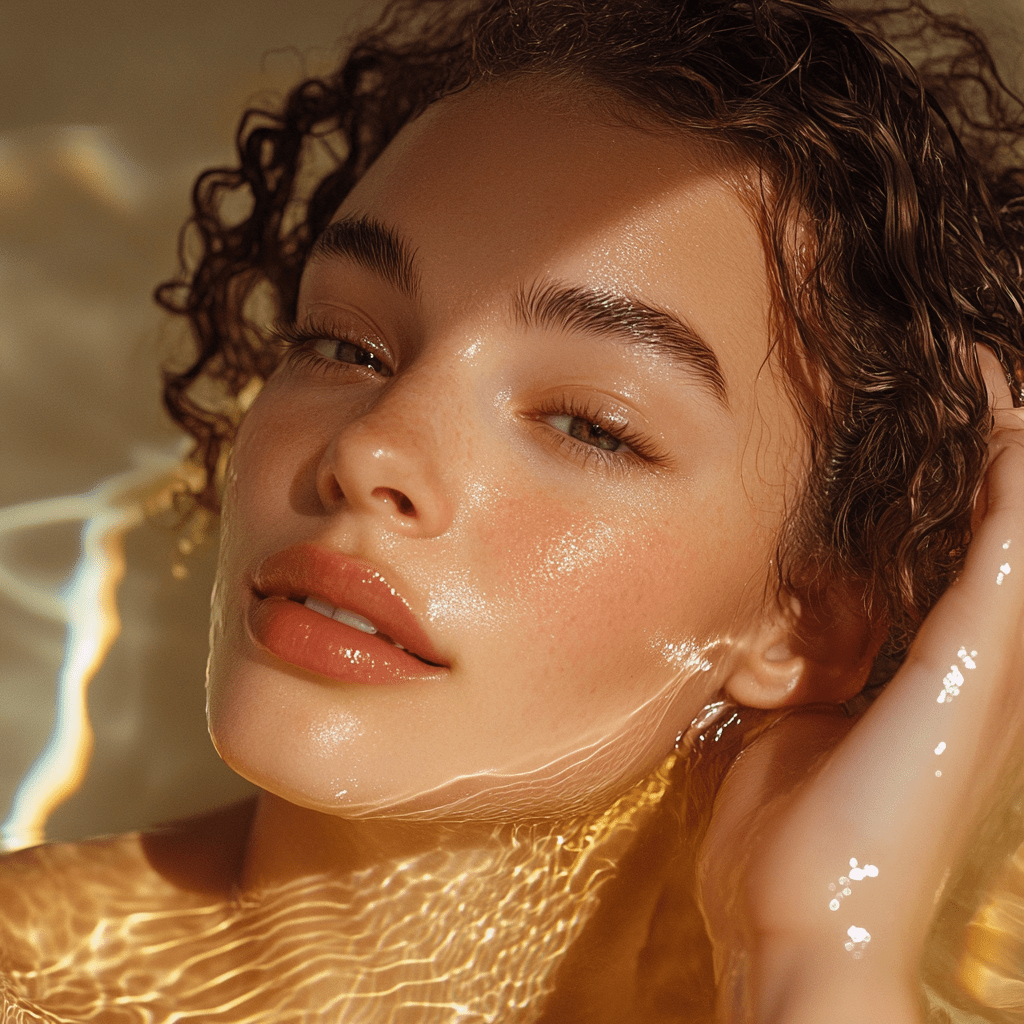 Relaxed woman enjoying a botanical bath ritual with artisan soap surrounded by warm calming light