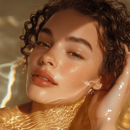 Relaxed woman enjoying a botanical bath ritual with artisan soap surrounded by warm calming light