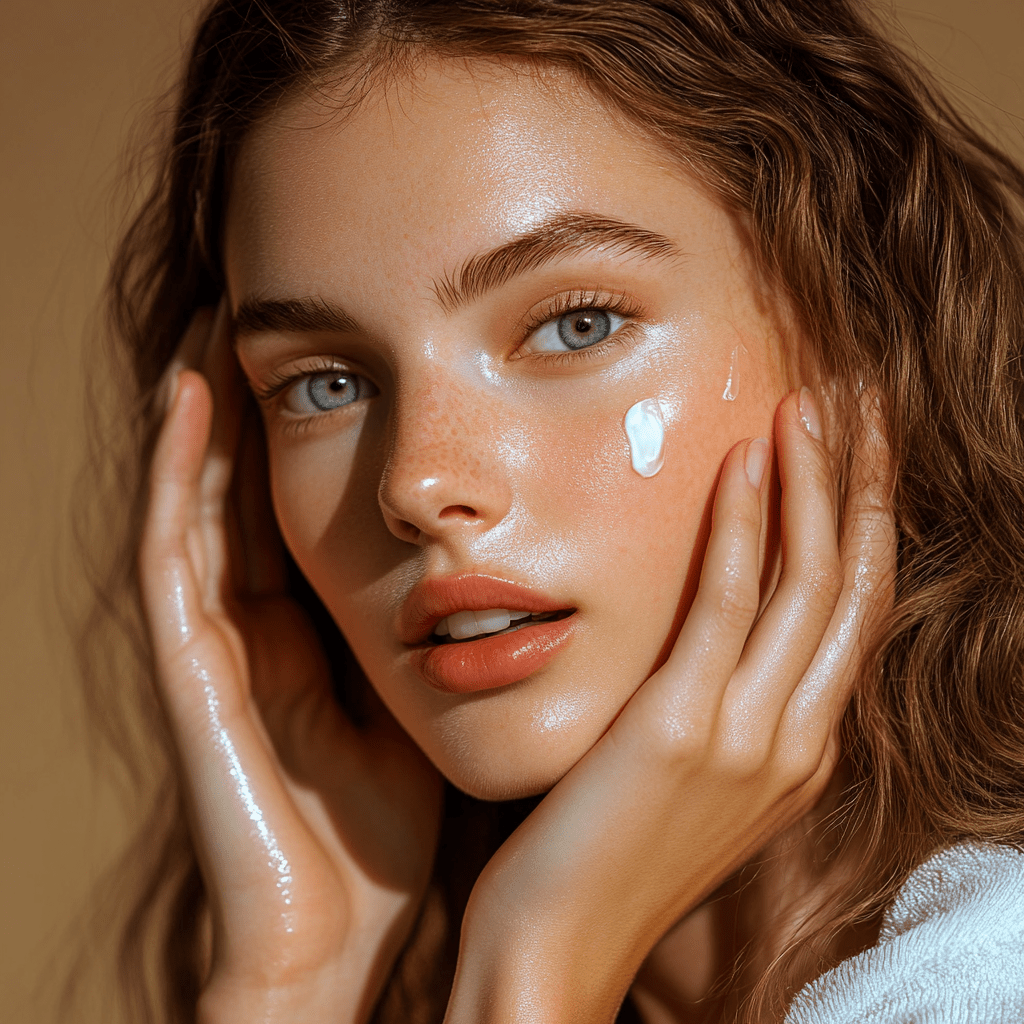 Young woman with glowing skin applying moisturizer, illustrating how to tell if a soap is artisan