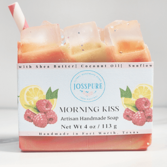 Husband vs wife soap challenge raspberry lemonade soap artisan handmade Morning Kiss bar with raspberries and lemon graphics