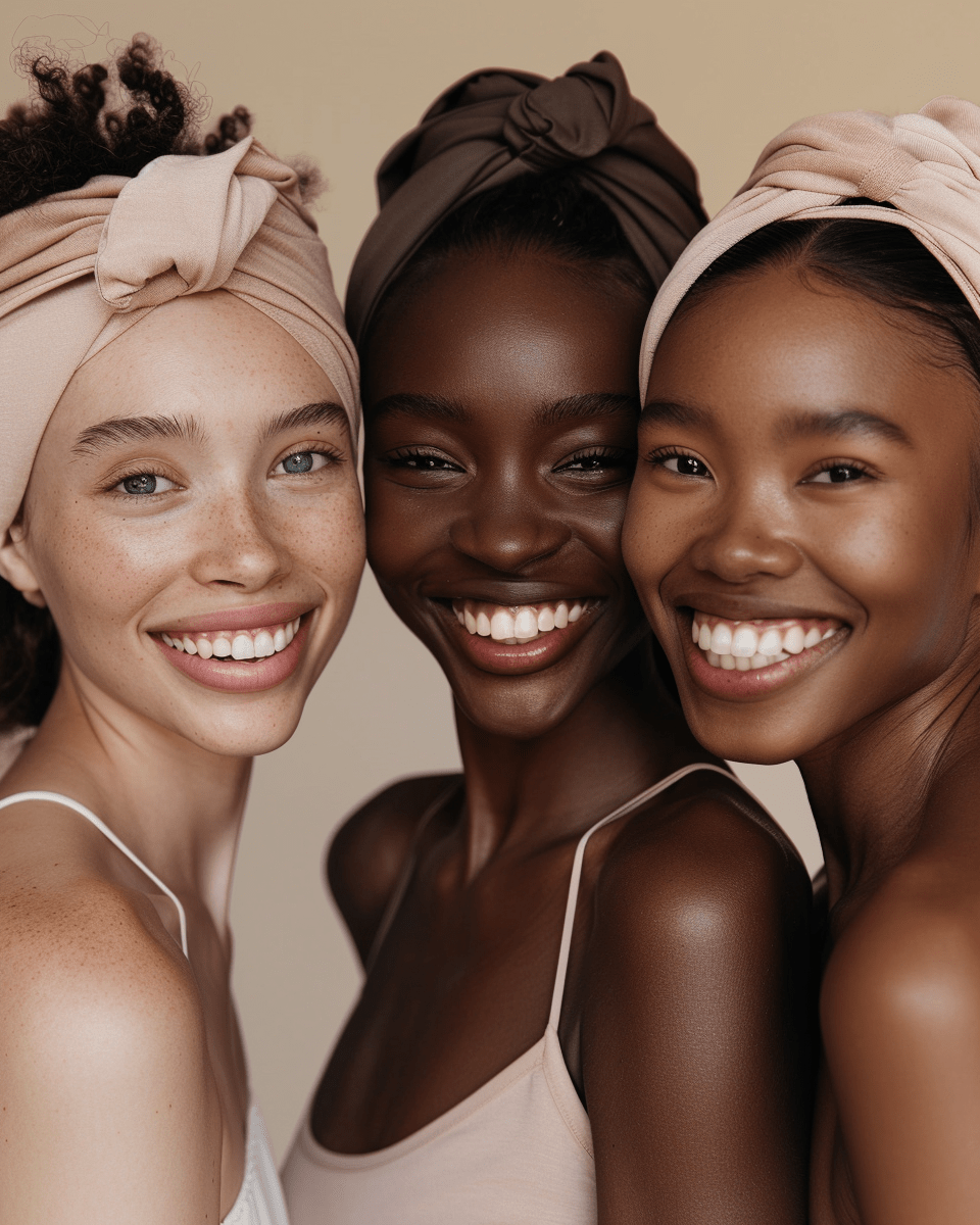 Three diverse women with glowing skin smiling and wearing headwraps representing clean beauty and artisan soap making