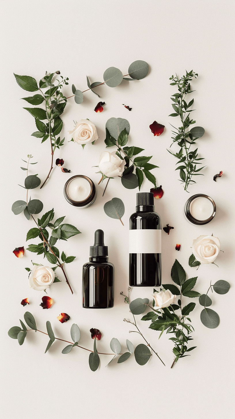 Artisan soap tools including glass bottles, cream jars, eucalyptus leaves, and white roses arranged on a white background