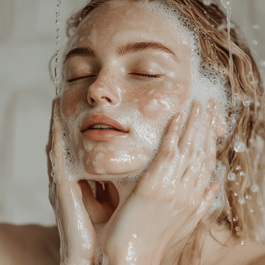 Woman washing face with foam showing what customers love about artisan soaps for soft and soothed skin