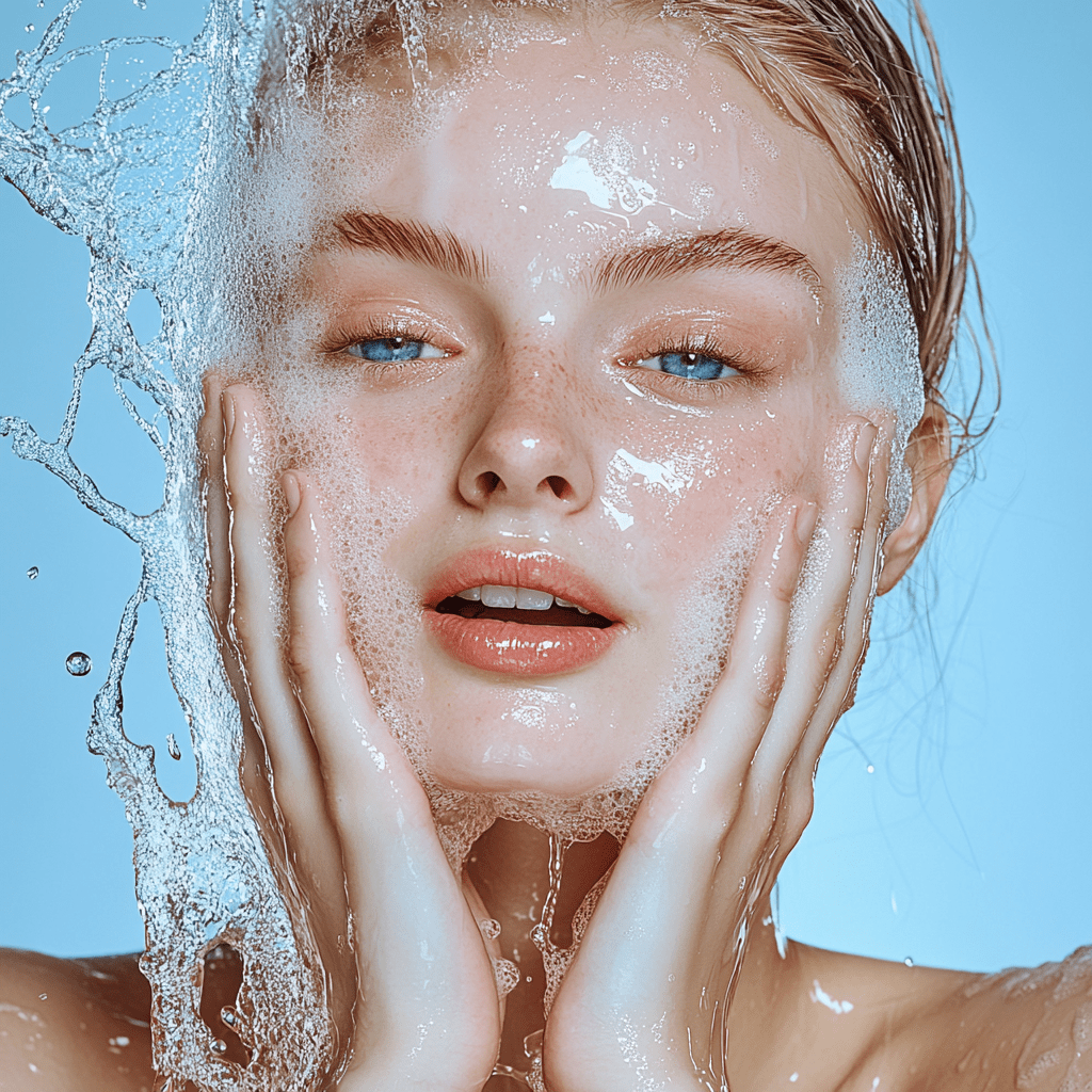 Woman washing face with artisan soap bars for every skin type with gentle foam and water splash