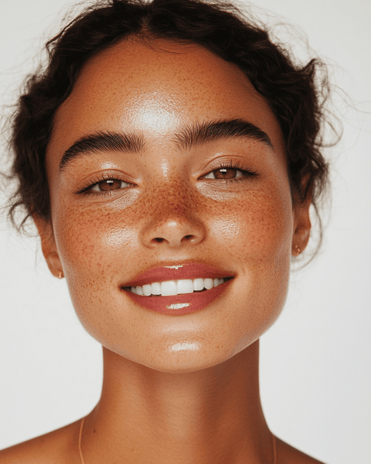 Smiling woman with glowing skin representing the benefits when you shop for vanilla scented soap bar