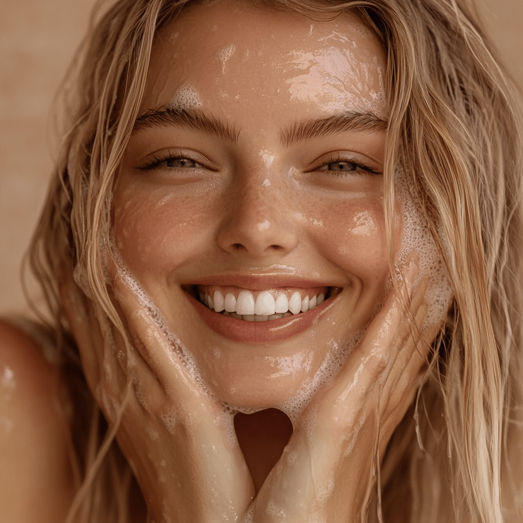 Smiling woman washing her face with gentle cleanser illustrating skincare minimalism
