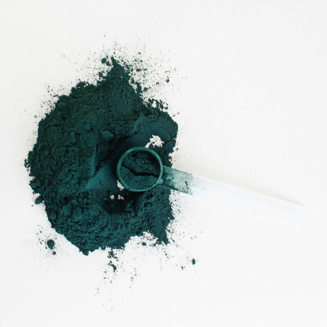 Close-up of vibrant blue-green spirulina powder with a clear scoop showing spirulina transforms your skin benefits