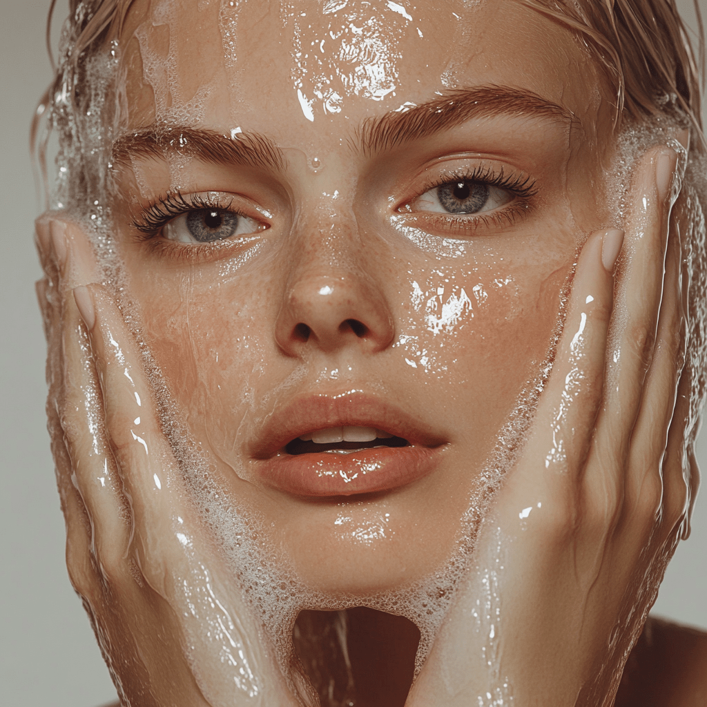 Close-up of a woman washing face with water highlighting skin pH and handmade artisan soap benefits