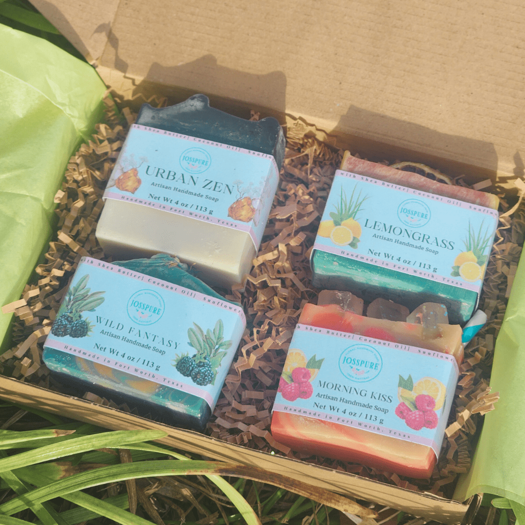 Monthly soap subscription box featuring artisan soaps in various scents and vibrant colors