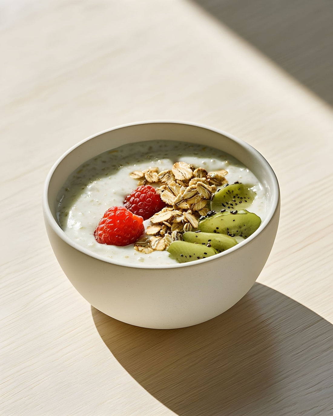 Bowl of yogurt topped with granola, raspberries, and kiwi illustrating dairy in skincare benefits