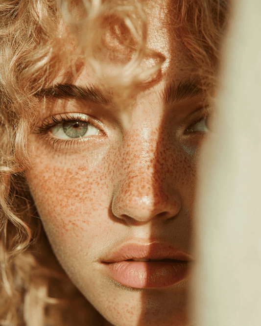 Close-up of a woman’s freckled face with natural skin highlighting common myths about tallow skincare