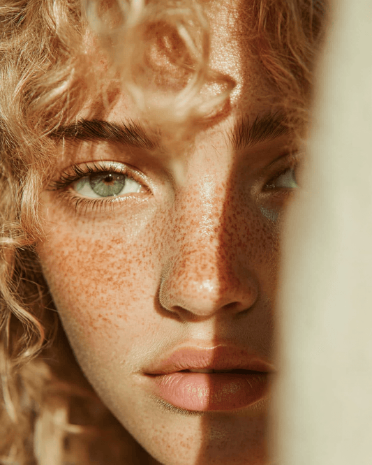 Close-up of a woman’s freckled face with natural skin highlighting common myths about tallow skincare
