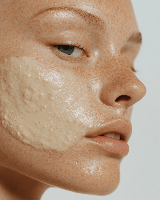 Close-up of a woman applying sustainable natural skincare for dry skin with a creamy moisturizer on her face