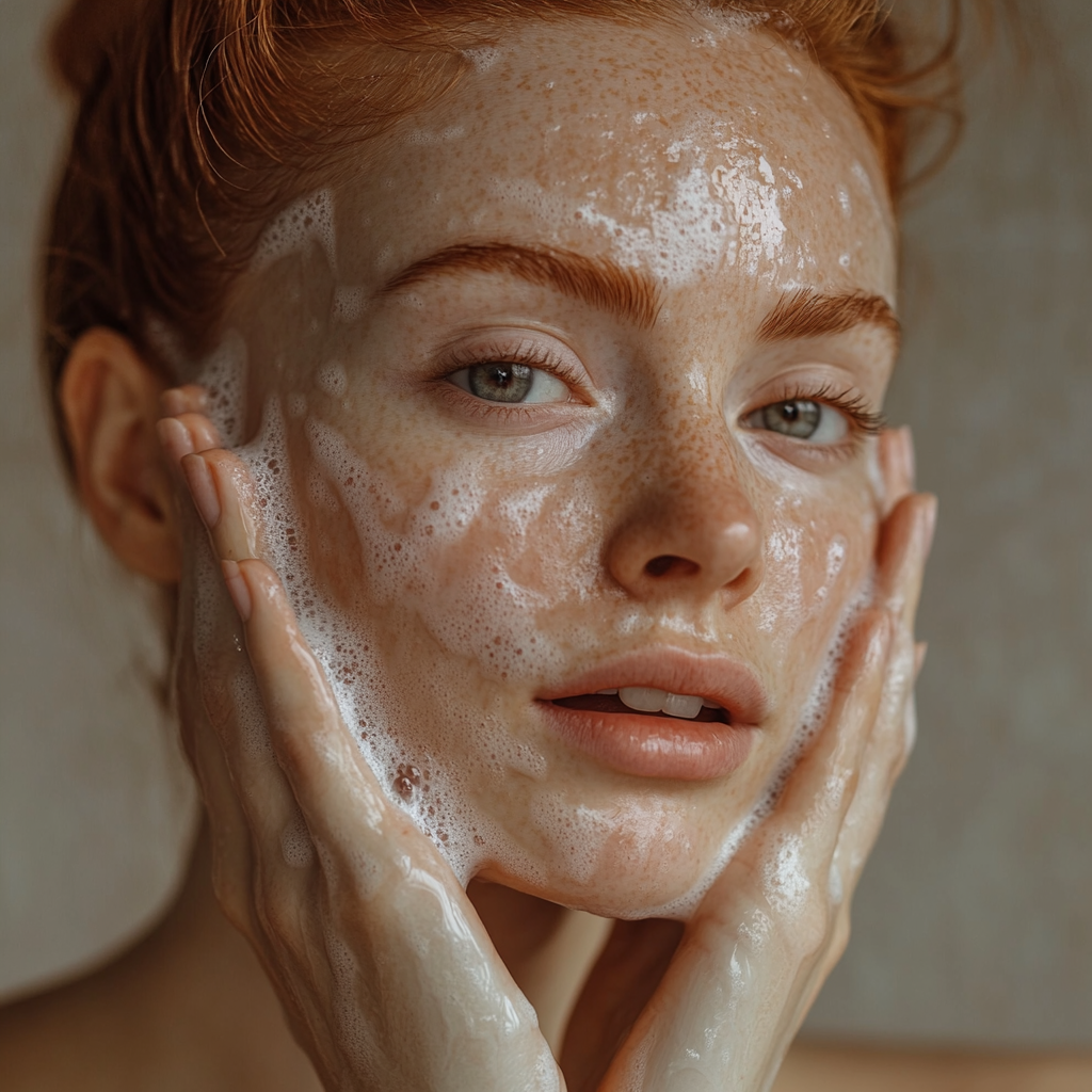 Woman washing face with natural soap foam highlighting artisan soap bar vs shower gel benefits