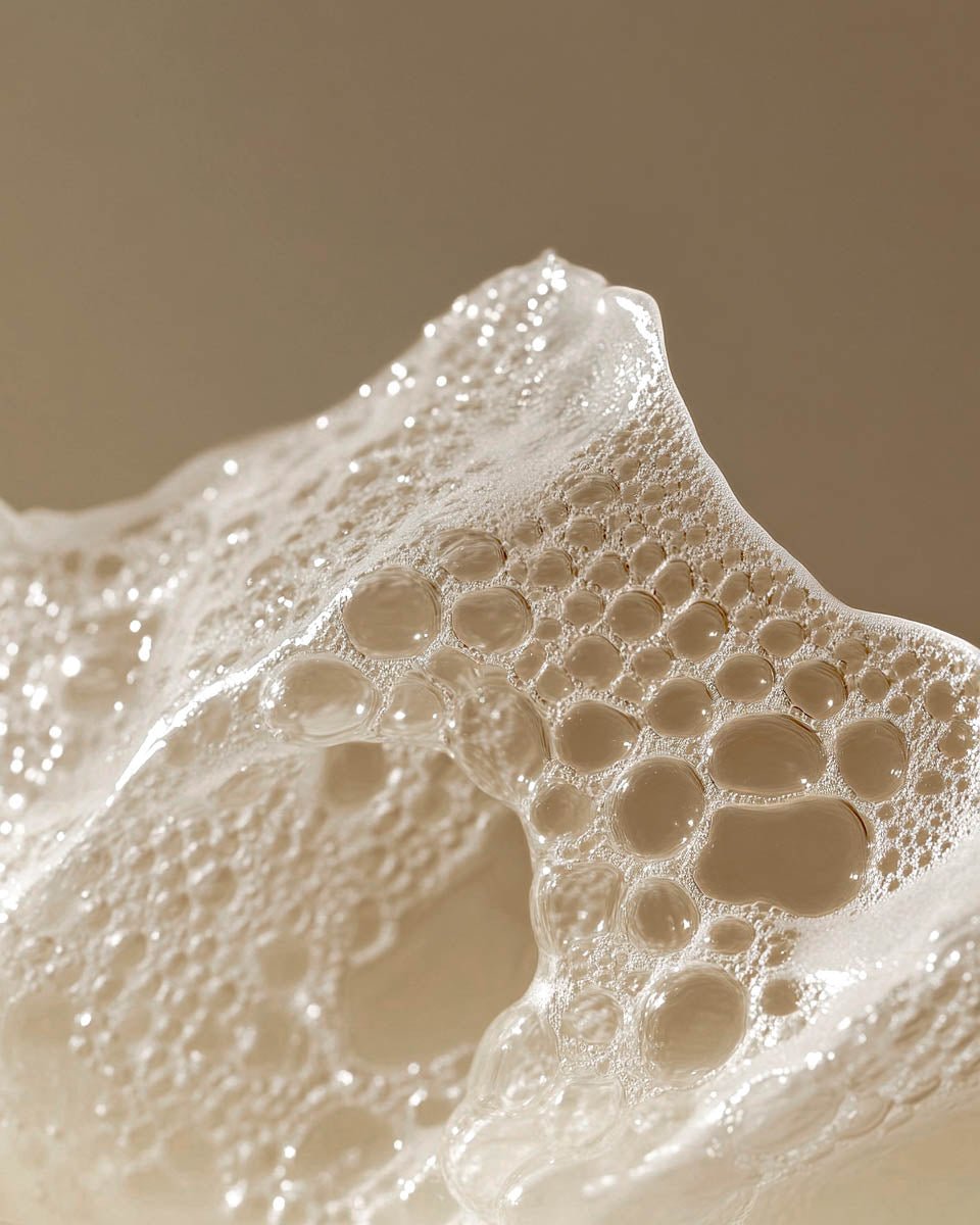 Close-up of soap foam bubbles demonstrating the cleansing effect of lye in artisan soap