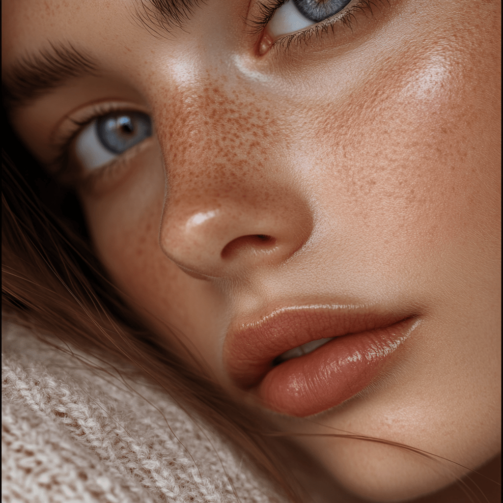 Close-up of a woman with clear skin and natural makeup, representing self-care using artisan soap