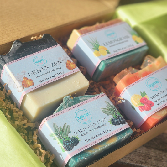 Handmade artisan soap collection in a self-care subscription box with vibrant scents and colors