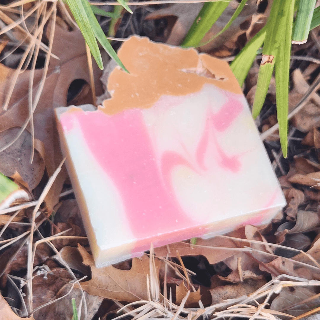 Colorful soap bar nestled among leaves, highlighting self-care subscription box products