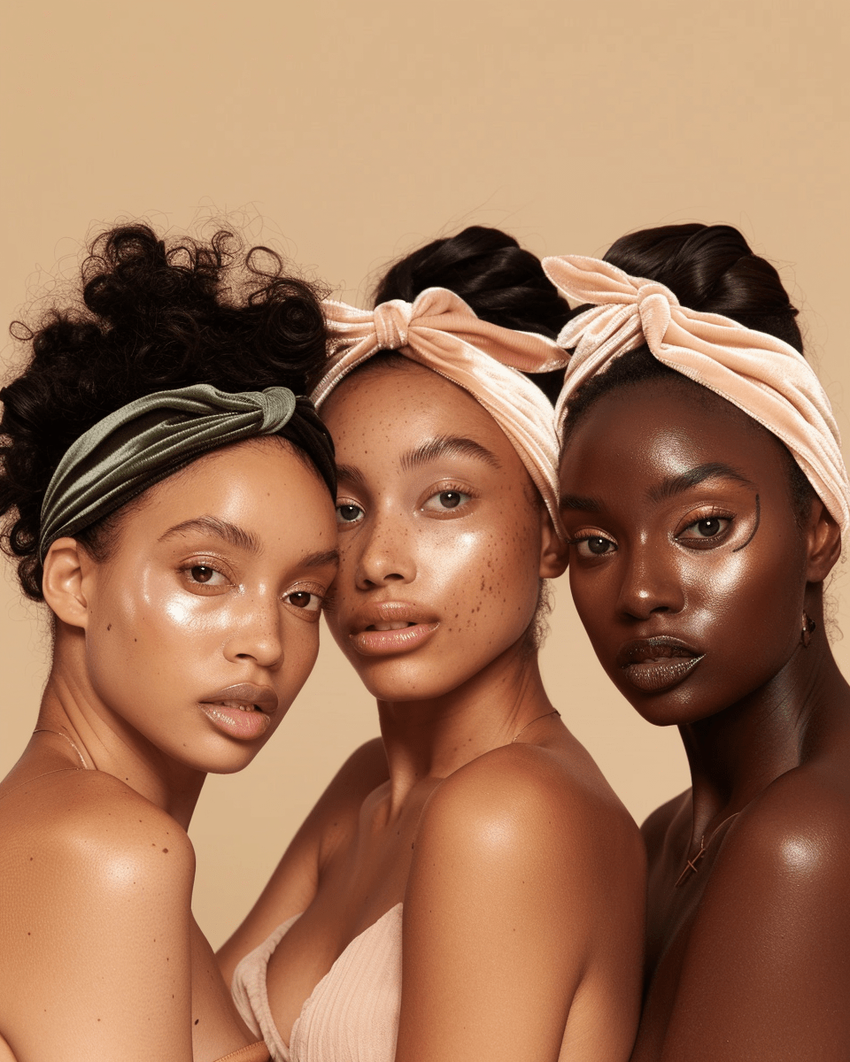 Three diverse women with glowing skin wearing headbands to highlight natural skincare without synthetic fragrance in artisan soap