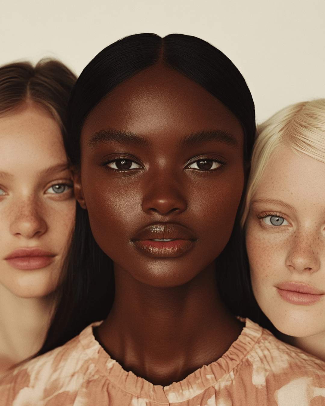 Three diverse women with flawless skin showcasing natural beauty and zero waste packaging skincare ethos