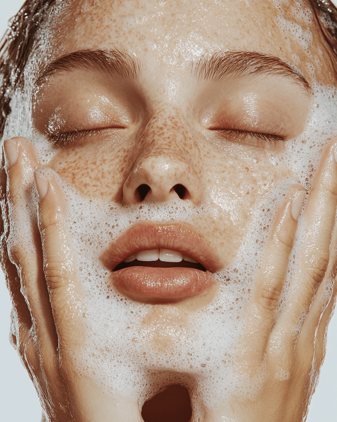 Woman enjoying a refreshing cleanse with Artisan Shea Butter Christmas Soaps, creating a bubbly lather