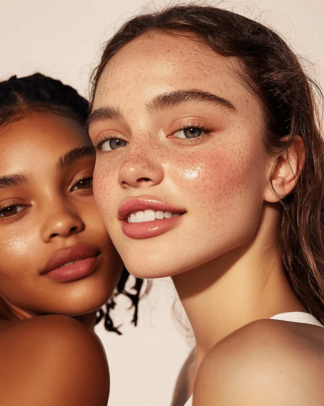 Two women with glowing skin representing the benefits of artisan shea butter soaps for dry skin
