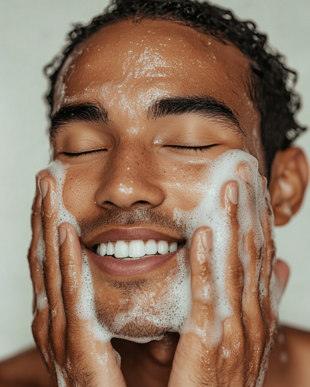A man enjoying a refreshing wash using premium bar soap for men, creating a rich lather for a luxurious experience