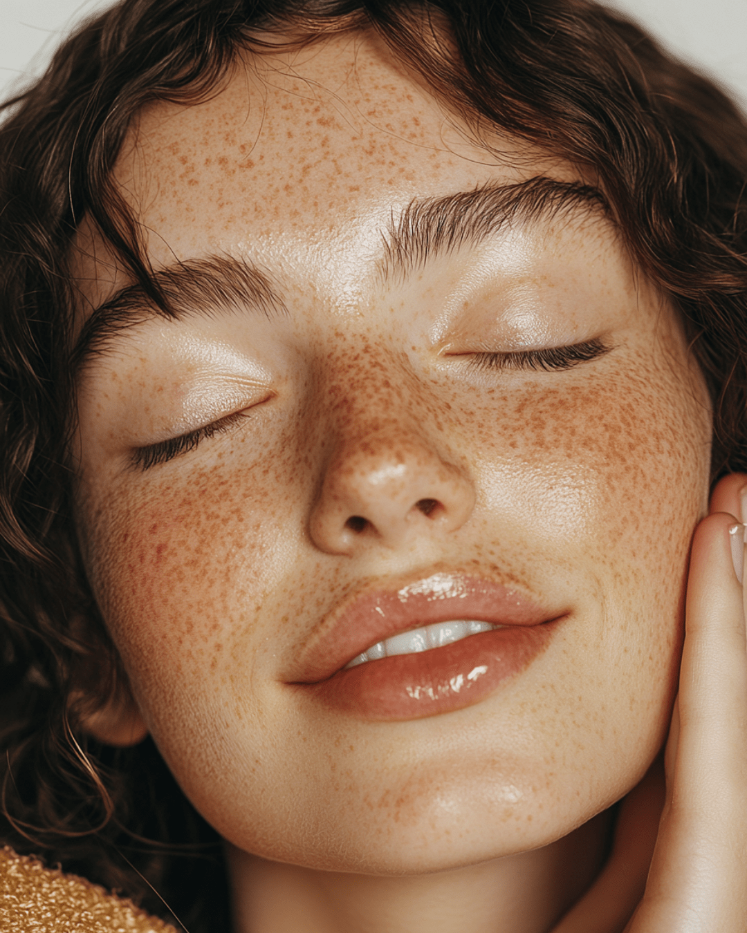 Close-up of a woman with glowing skin enjoying natural hypoallergenic soap for sensitive skin