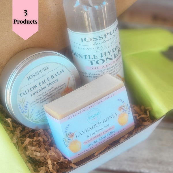 Sensitive Skin Facial Care Bundle | Lavender Honey Tallow Soap, Toner &amp; Balm