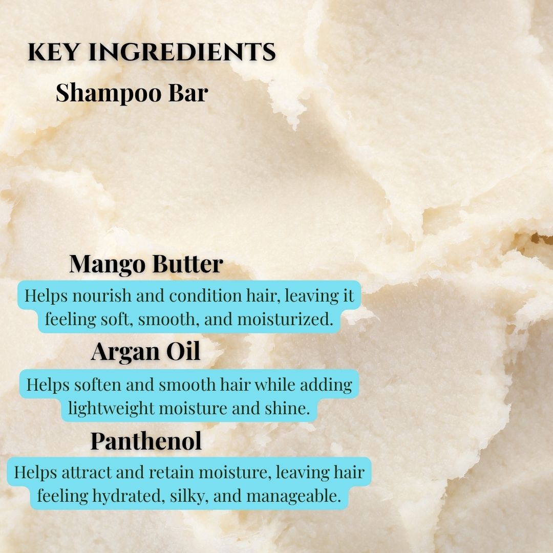 An informational graphic with a close-up of creamy shampoo bar texture in the background and text reading 'KEY INGREDIENTS Shampoo Bar' plus descriptions for Mango Butter, Argan Oil, and Panthenol.