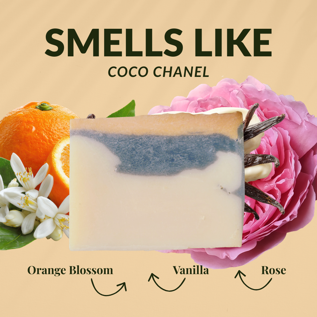 Coco Chanel perfume soap designed with floral notes of orange blossom, vanilla, and rose in a creamy texture