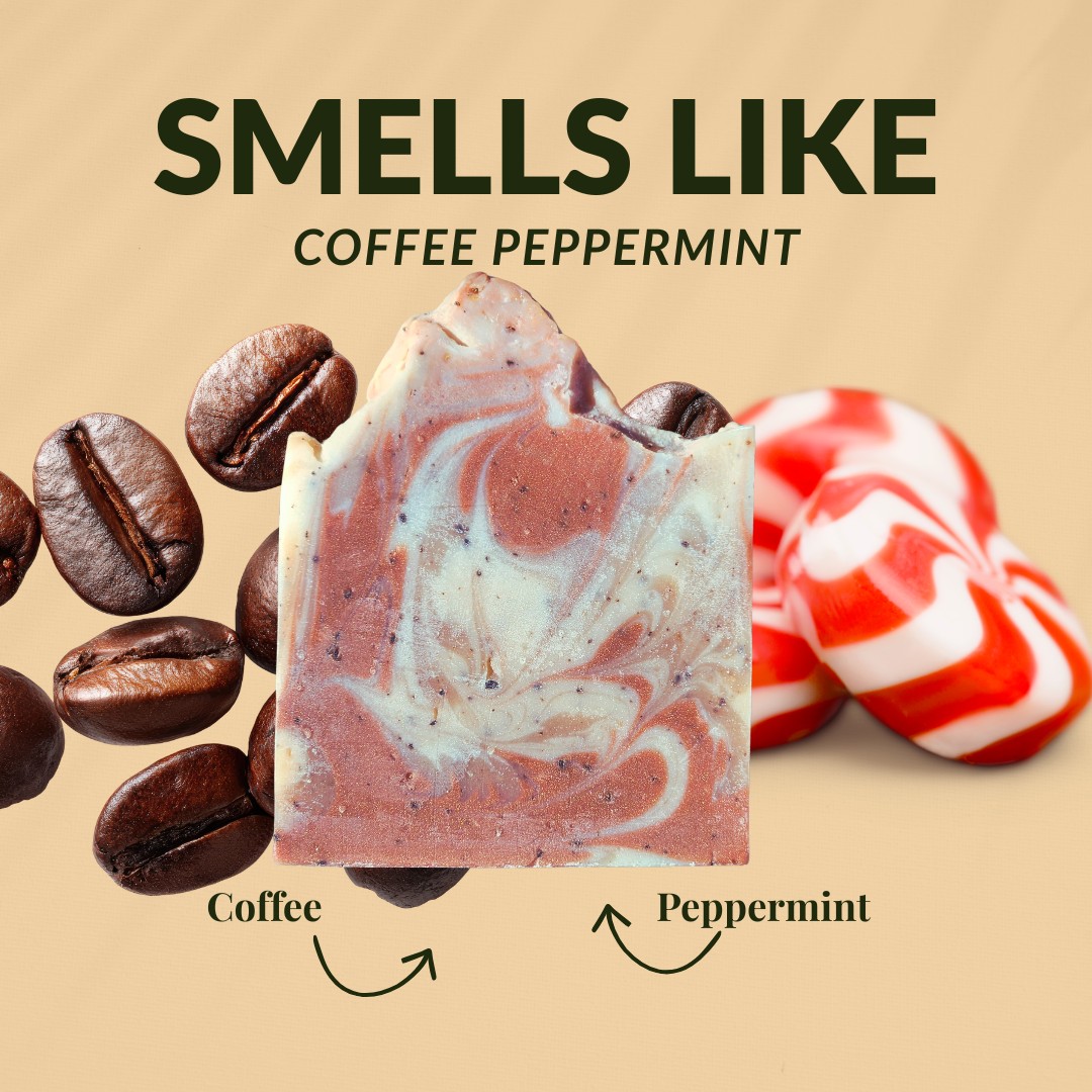 Coffee Exfoliating Shea Butter Soap featuring marbled design with coffee beans and peppermint candies