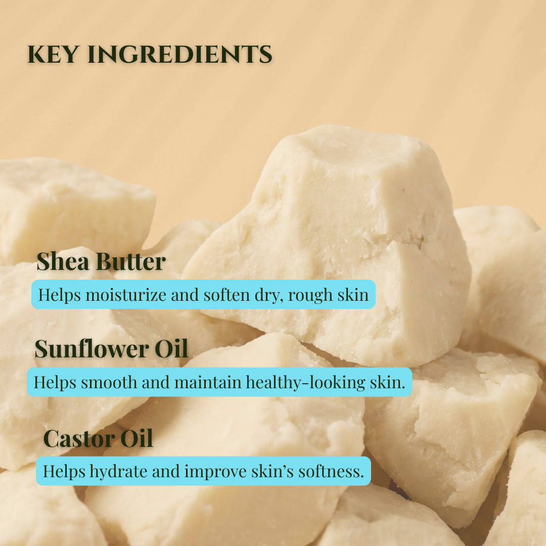 Key ingredients for Coffee Exfoliating Shea Butter Soap including shea butter and sunflower oil