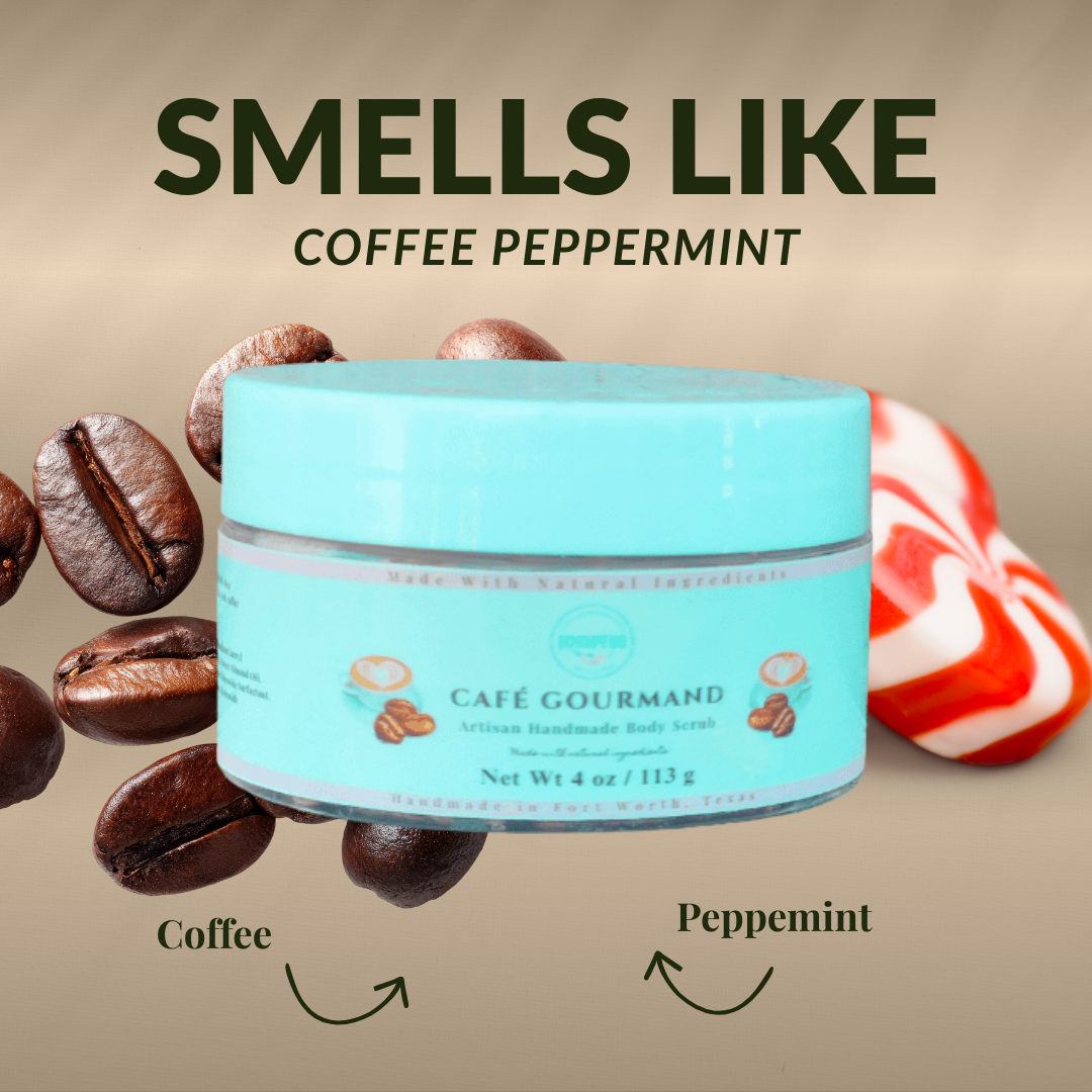 JOSSPURE coffee luxury sugar scrub in teal jar with coffee beans and peppermint background