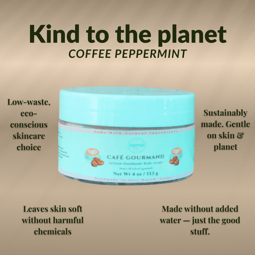 JOSSPURE coffee luxury sugar scrub in a mint green jar, eco-conscious skincare for gentle exfoliation