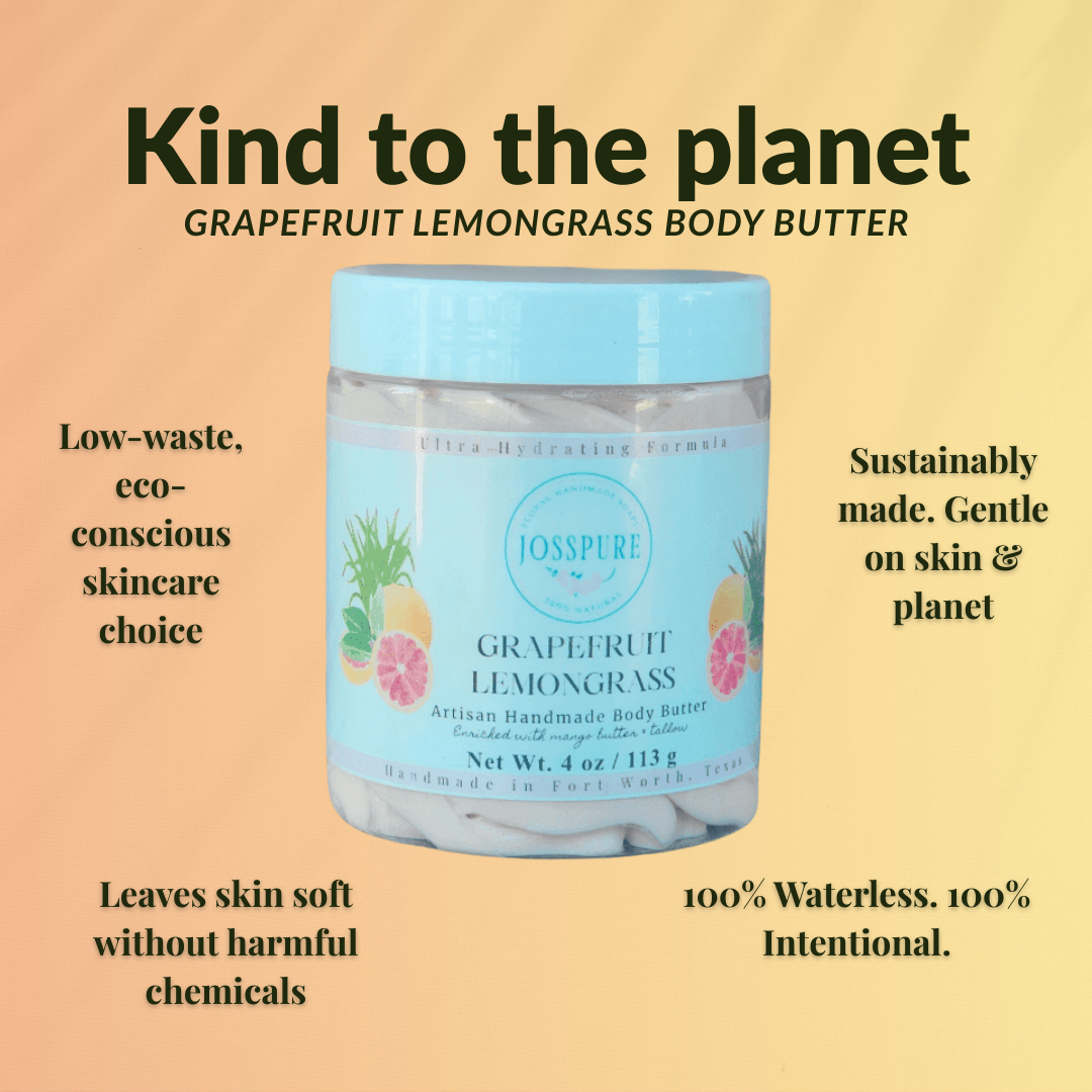 JOSSPURE Grapefruit Lemongrass Body Butter in jar, eco-friendly skincare made with grapefruit orange mango butter whipped body butter