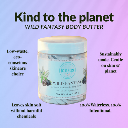 JOSSPURE Wild Fantasy Body Butter in a clear container, showcasing blackberry sage mango butter whipped body butter