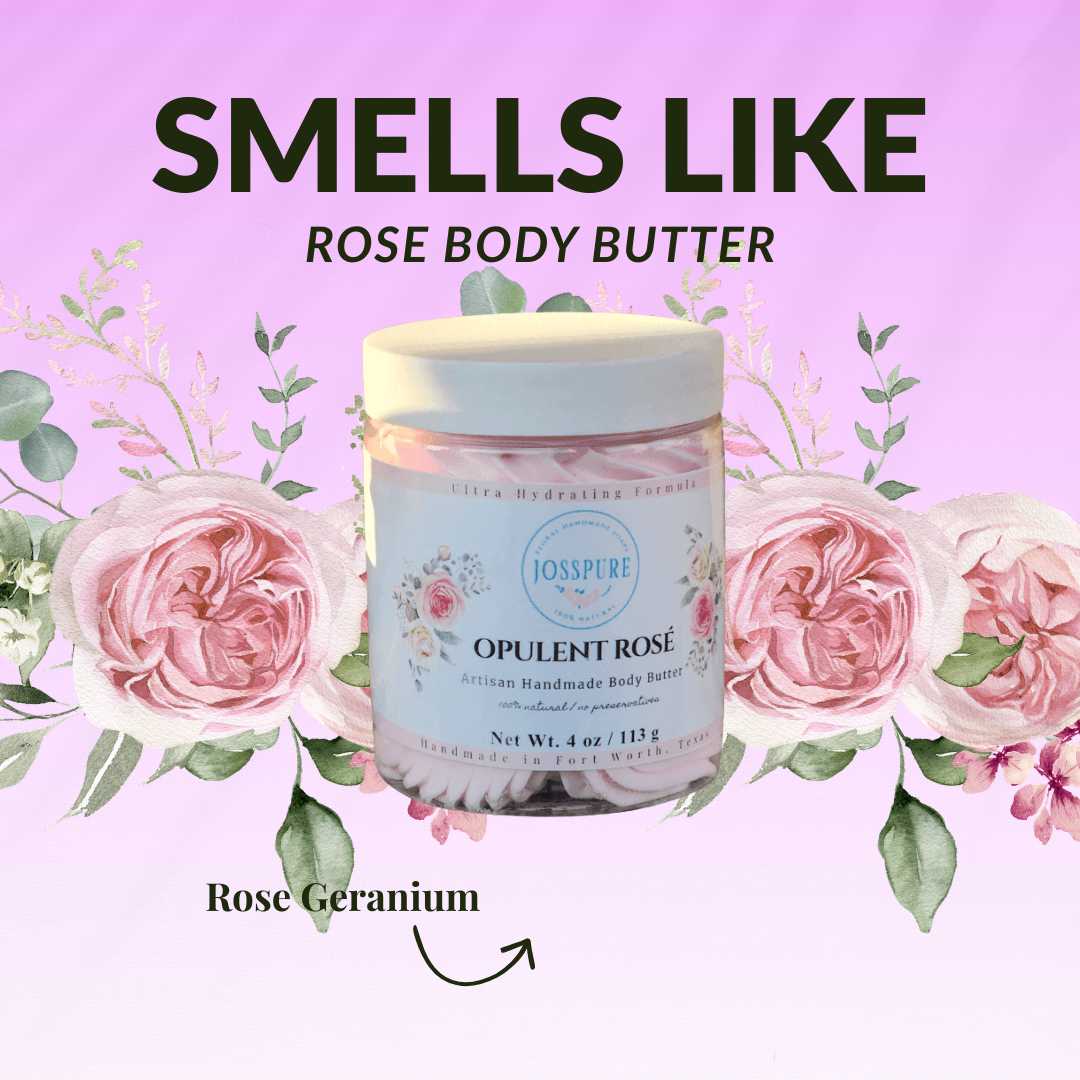 JOSSPURE Rose Mango Butter Whipped Body Butter in a jar with floral background for natural skincare lovers