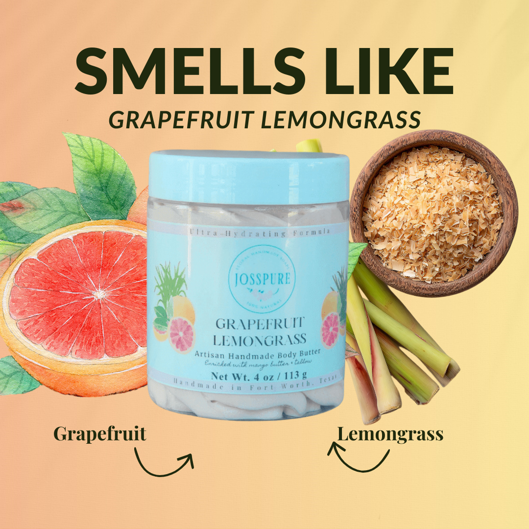 JOSSPURE Grapefruit Orange Mango Butter Whipped Body Butter in 4 oz container with grapefruit and lemongrass illustration