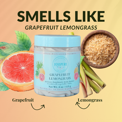 JOSSPURE Grapefruit Orange Mango Butter Whipped Body Butter in 4 oz container with grapefruit and lemongrass illustration
