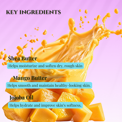 Key ingredients for rose mango butter whipped body butter including shea butter, mango butter, and jojoba oil