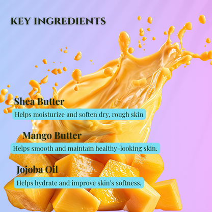 Key ingredients of Blackberry sage mango butter whipped body butter featuring shea butter, mango butter, and jojoba oil